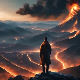 man on a mountain looking over a burning city, hyper realistic, best quality, high quality, 8k