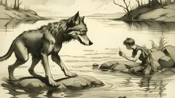 The fish jumped out of the water and looked at the wolf on the shore; the wolf looked at the fish jumping out of the water, full of longing