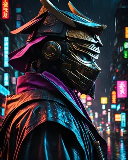 samurai man, masterpiece, best quality, half body, portrait, night city, anime, 3D, Korea, pixar, realistic, robo samurai, harajuku fashion style, mask with neon lights, rain coat, beautiful, colorful, neon lights, cyberpunk, illustration, by Stanley artgerm lau, sideways glance, foreshortening, extremely detailed 8K, smooth, high resolution, ultra quality, highly details, glare, side view,