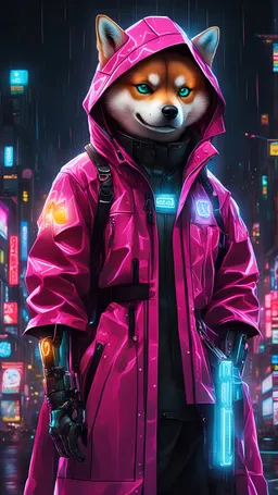 neon robot DOGE or SHIBA, masterpiece, best quality, half body, portrait, night city, anime, 3D, Japan, pixar, realistic, robo cop, harajuku fashion style, rain coat, beautiful, colourful, neon lights, cyberpunk, illustration, by stanley artgerm lau, sideways glance, foreshortening, extremely detailed 8K, smooth, high resolution, ultra quality, highly details, glare, side view,