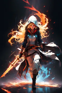 masterpiece, Rogue assassin girl, wearing a hood, blonde hair, shrouded in shadows, holding a flaming dagger in each hand, vibrant glowing abyssal colors, entirely in frame, FULL BODY, radiating electrical energy, shoulder length messy hair, Full body, Beautiful anime waifu style girl, hyperdetailed painting, luminism, art by Carne Griffiths and Wadim Kashin concept art, 8k resolution, fractal isometrics details bioluminescence , 3d render, octane render, intricately detailed , cinematic, UHQ