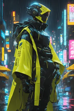 neon black yellow robot assasin, masterpiece, best quality, half body, portrait, night city, anime, 3D, Korea, pixar, realistic, robo cop, harajuku fashion style, rain coat, beautiful, colourful, neon lights, cyberpunk, illustration, by stanley artgerm lau, sideways glance, foreshortening, extremely detailed 8K, smooth, high resolution, ultra quality, highly details, glare, side view