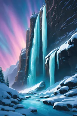 A frozen waterfall cascading down an icy cliff face, illuminated by the ethereal glow of the aurora borealis.