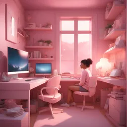 Cute lofi girl in front of his computer in her cozy and messy room, unreal engine 5 render, gorgeous lighting, pastel pink hues, 8k render, award-winning art