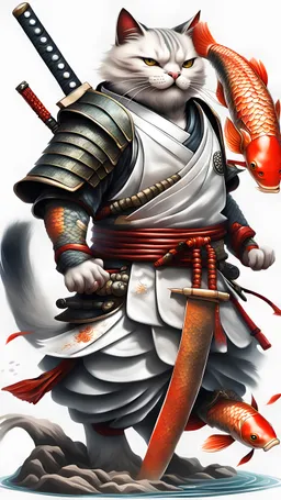 there is a cat with a big carp koi and a sword on a white background, samurai cat, cat warrior, armored cat, anthropomorphic cat ninja, samurai deity with koi armor, by Kanō Tan'yū, highly detailed, Model tattoo