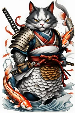 there is a cat with a big carp koi and a sword on a white background, samurai cat, cat warrior, armored cat, anthropomorphic cat ninja, samurai deity with koi armor, by Kanō Tan'yū, highly detailed, Model tattoo