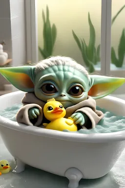 smiling baby yoda in the bathtub with lots of floffy foam and a small yellow rubber ducky, ultradetailed, high resolution, photorealestic, 8k