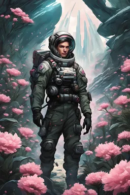 portrait of a futuristic explorer surrounded by pink flowers on an alien planet