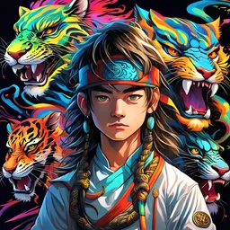 Portrait facial painting background dark, Manga Boy and Girl Warrior with Cobra Snake Head and Tiger in Fightagainst Tiger and Dragon, long hair, Bitcoin Bouclier shiny , half body, Special, unique Composition neon Rainbow Colors , dark background chef-d'œuvre, best quality, start of nigth , anime, 3D, maximum pixel, realistic, foreshortened, 8K extremely detailed, smooth, high resolution, ultra quality, highly detai, neon rainbow colors