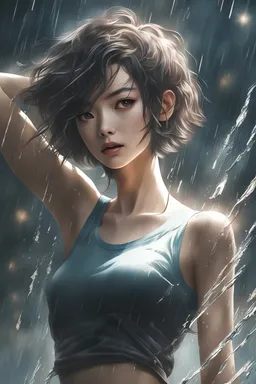 Masterpiece, 18 years old beautiful girl, asian, short hair, tattoo on chest, tank top, pearl eyes, extremely delicate facial depiction, heavy rain, slight body movements, medium shot, exaggerated perspective, poster, fashion, dramatic lighting, strong tones, distortion style, 32k UHD