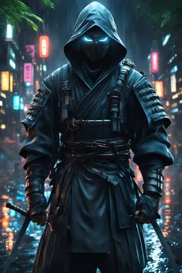 Ninja knight scary eyes, masterpiece, best quality, full body, portrait, night city, 3D, japanese, realistic, shokokan style, rain coat, beautiful, colorful, forest lights, cyberpunk, illustration, sideways glance, foreshortening, extremely detailed 8K, smooth, high resolution, ultra quality, highly details,