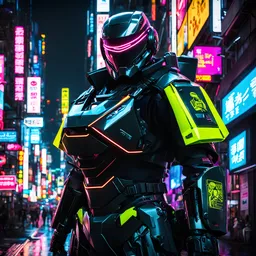 neon robot cop, IO Corp, io net, masterpiece, best quality, half body, portrait, night city, anime, 3D, Korea, pixar, realistic, robo cop, harajuku fashion style, rain coat, beautiful, colourful, neon lights, cyberpunk, illustration, by stanley artgerm lau, sideways glance, foreshortening, extremely detailed 8K, smooth, high resolution, ultra quality, highly details, glare, side view, the shield has IO two letters on it