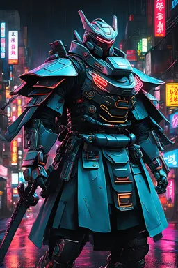 neon robot samurai, masterpiece, best quality, half body, portrait, night city, anime, 3D, Korea, pixar, realistic, robo cop, harajuku fashion style, rain coat, beautiful, colourful, neon lights, cyberpunk, illustration, by stanley artgerm lau, sideways glance, foreshortening, extremely detailed 8K, smooth, high resolution, ultra quality, highly details, glare, side view.