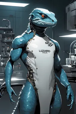 A lizard person that does not know they are not human, anti lizard people research and development. Develops spy equipment in a lab like Q from James Bond. Surrounded by lab equipment and invented gadgets. Lab has darkly lit areas with bright lights and areas with warm glows and forging metals