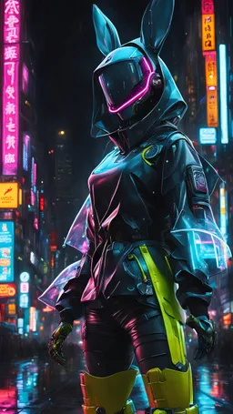 neon robot bunny, masterpiece, best quality, half body, portrait, night city, anime, 3D, Korea, pixar, realistic, robo cop, harajuku fashion style, rain coat, beautiful, colourful, neon lights, cyberpunk, illustration, by stanley artgerm lau, sideways glance, foreshortening, extremely detailed 8K, smooth, high resolution, ultra quality, highly details, glare, side view,