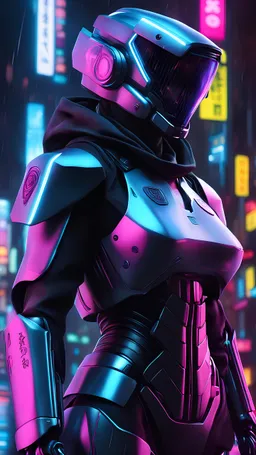 neon robot cop, masterpiece, best quality, half body, portrait, night city, anime, 3D, Korea, pixar, realistic, robo cop, harajuku fashion style, rain coat, beautiful, colourful, neon lights, cyberpunk, illustration, by stanley artgerm lau, sideways glance, foreshortening, extremely detailed 8K, smooth, high resolution, ultra quality, highly details, glare, side view,best quality, 4k image, hyper resolution, smooth textures