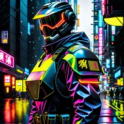 neon robot cop, masterpiece, best quality, half body, portrait, night city, anime, 3D, Korea, pixar, realistic, robo cop, harajuku fashion style, rain coat, beautiful, colourful, neon lights, cyberpunk, illustration, by stanley artgerm lau, sideways glance, foreshortening, extremely detailed 8K, smooth, high resolution, ultra quality, highly details, glare, side view, wide portrait posture