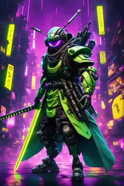 "io.net" logo, bee robo soldier, samurai sword hands, realistic 8k, ultra realistic, neon colorfull city, bacround, neon yellow light, neon green, robo soldier, cloak purple,cyberpunk,cyber city,mix steam punk