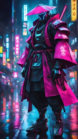 neon robot samurai, masterpiece, best quality, half body, portrait, night city, anime, 3D, Korea, pixar, realistic, robo cop, harajuku fashion style, rain coat, beautiful, colourful, neon lights, cyberpunk, illustration, by stanley artgerm lau, sideways glance, foreshortening, extremely detailed 8K, smooth, high resolution, ultra quality, highly details, glare, side view,