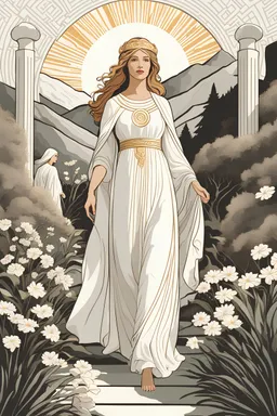 A pure white priestess walking in a Greek garden ((solar goddess, sun rays emitted from her head by aphonse mucha)), beautiful female face, abstract, creative art, soft monochrome colors, shape, lines, white colors, simple, contemporary, modern, chic pattern, scandinavian modern art, minimalist, lines, hand drawn, brush stroke line, mountains, leaf pattern, neutral colors, art series, continuous faded strokes, faded spots, art deco abstract art design. soft colors. by Jean-Baptiste Monk and Greg