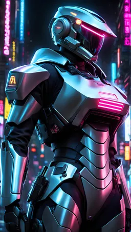 neon robot cop, masterpiece, best quality, half body, portrait, night city, anime, 3D, Korea, pixar, realistic, robo cop, harajuku fashion style, rain coat, beautiful, colourful, neon lights, cyberpunk, illustration, by stanley artgerm lau, sideways glance, foreshortening, extremely detailed 8K, smooth, high resolution, ultra quality, highly details, glare, side view,