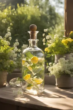 Amidst a sunlit garden, the clear bottle takes center stage on a rustic wooden table. Lush greenery and vibrant flowers form a lively backdrop, infusing the scene with the freshness of nature. Soft sunlight filters through the leaves, casting a warm glow on the bottle. A gentle breeze carries the subtle fragrance of blossoms, enhancing the anticipation of the crisp water and invigorating lemon within.