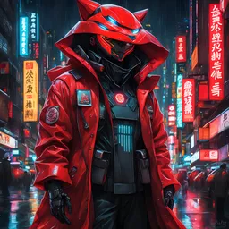 neon red robot cop, kitsune mask, masterpiece, best quality, half body, portrait, night city, anime, 3D, Korea, pixar, realistic, robo cop, harajuku fashion style, rain coat, beautiful, colourful, neon lights, cyberpunk, illustration, by stanley artgerm lau, sideways glance, foreshortening, extremely detailed 8K, smooth, high resolution, ultra quality, highly details, glare, side view,