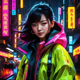 neon Chinese teen, masterpiece, best quality, half body, portrait, night city, 1girl, anime, 3D, Korea, pixar, realistic, teen girl, smiling, cute face, harajuku fashion style, rain coat, beautiful, colourful, neon lights, cyberpunk, smooth skin, illustration, by stanley artgerm lau, sideways glance, foreshortening, extremely detailed 8K, smooth, high resolution, ultra quality, highly detail eyes, highly detail mouth, highly detailed face, perfect eyes, both eyes are the same, glare, Iridescent