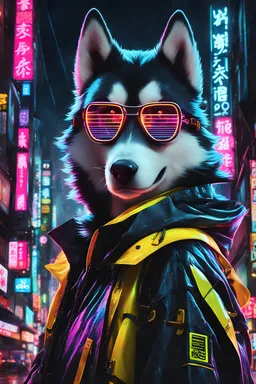 husky ,yellow neon glasses,masterpiece, best quality, portrait, night city, anime, 3D, Korea, pixar, realistic, robo samurai, harajuku fashion style, mask with neon lights,punk style rain coat, beautiful, colorful, neon lights, cyberpunk, illustration, by Stanley artgerm lau, sideways glance, foreshortening, extremely detailed 8K, smooth, high resolution, ultra quality, highly details, glare, side view,