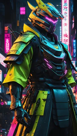 neon robot samurai, masterpiece, best quality, half body, portrait, night city, anime, 3D, Korea, pixar, realistic, robo cop, harajuku fashion style, rain coat, beautiful, colourful, neon lights, cyberpunk, illustration, by stanley artgerm lau, sideways glance, foreshortening, extremely detailed 8K, smooth, high resolution, ultra quality, highly details, glare, side view,