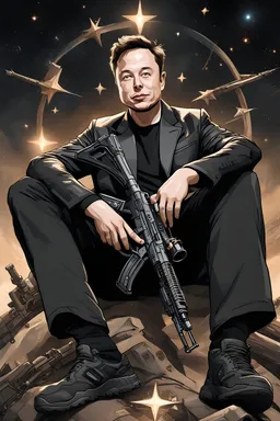 elon musk siting on a star with ak47