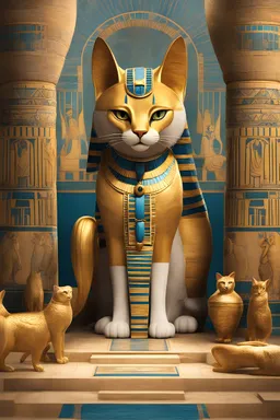 "Create a vivid depiction of Bastet, the Egyptian Goddess of Home and Protection. Highlight her feline form, often depicted as a lioness or domestic cat, as well as her protective and nurturing qualities. Explore the cultural significance of Bastet in ancient Egyptian homes and rituals."