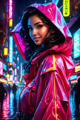 neon arabian teen, best quality, half body, portrait, night city, 1girl, anime, 3D, Dubai, pixar, realistic, teen girl, smiling, cute face, harajuku fashion style, rain coat, beautiful, colourful, neon lights, cyberpunk, smooth skin, illustration, by stanley artgerm lau, sideways glance, foreshortening, extremely detailed 8K, smooth, high resolution, ultra quality, highly detail eyes, highly detail mouth, highly detailed face, perfect eyes, both eyes are the same, glare, model