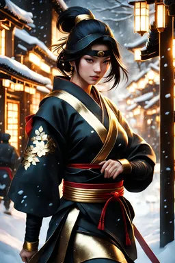 8k wallpaper of a mysterious kunoichi wearing gold jewelry in the streets of a dark snowy town in russia, by artgerm, intricate detail, trending on artstation, 8k, fluid motion, stunning shading, by wlop