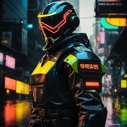 neon robot cop, masterpiece, best quality, half body, portrait, night city, anime, 3D, Korea, pixar, realistic, robo cop, harajuku fashion style, rain coat, beautiful, colourful, neon lights, cyberpunk, illustration, by stanley artgerm lau, sideways glance, foreshortening, extremely detailed 8K, smooth, high resolution, ultra quality, highly details, glare, side view, wide portrait posture