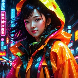 neon Chinese teen, masterpiece, best quality, half body, portrait, night city, 1girl, anime, 3D, Korea, pixar, realistic, teen girl, smiling, cute face, harajuku fashion style, rain coat, beautiful, colourful, neon lights, cyberpunk, smooth skin, illustration, by stanley artgerm lau, sideways glance, foreshortening, extremely detailed 8K, smooth, high resolution, ultra quality, highly detail eyes, highly detail mouth, highly detailed face, perfect eyes, both eyes are the same, glare, short hair