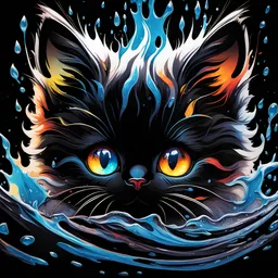 a cute kitten, Hyperdetailed Eyes, Tee-Shirt Design, Line Art, Black Background, Ultra Detailed Artistic, Detailed Gorgeous Face, Natural Skin, Water Splash, Colour Splash Art, Fire and Ice, Splatter, Black Ink, Liquid Melting, Dreamy, Glowing, Glamour, Glimmer, Shadows, Oil On Canvas, Brush Strokes, Smooth, Ultra High Definition, 8k, Unreal Engine 5, Ultra Sharp Focus, Intricate Artwork Masterpiece, Ominous, Golden Ratio, Highly Detailed, Vibrant, Production Cinematic Character Render, Ultra Hi