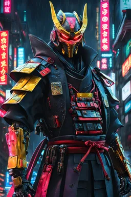 robo samurai, masterpiece, best quality, half body, portrait, night city, anime, 3D, Korea, pixar, realistic, harajuku fashion style, mask with neon lights, rain coat, beautiful, colorful, neon lights, cyberpunk, illustration, sideways glance, foreshortening, extremely detailed 8K, smooth, high resolution, ultra quality, highly details, glare