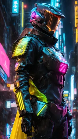 neon robot cop, masterpiece, best quality, half body, portrait, night city, anime, 3D, Korea, pixar, realistic, robo cop, harajuku fashion style, rain coat, beautiful, colourful, neon lights, cyberpunk, illustration, by stanley artgerm lau, sideways glance, foreshortening, extremely detailed 8K, smooth, high resolution, ultra quality, highly details, glare, side view,