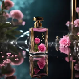 there is a pink lipstick and a glass bottle of perfume,flowers and plants in the background,water and reflections on the ground,golden mean,medium long shot,depth of field,3D render