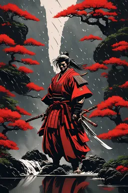 samurai katana red bonsai mountain rain