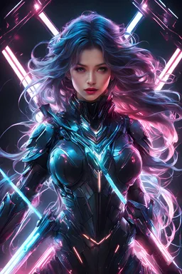 high quality, 8K Ultra HD, full body, have a cyber saber, a mesmerizing 20-year-old woman with a futuristic beauty that seems to transcend time and space, intricately woven into her very being, encased in the cybernetic suit, move with fluidity and precision, Her flowing hair resembles streams of neon lights, casting a vibrant glow that adds a touch of cyberpunk brilliance to her appearance, Each strand of hair is meticulously crafted with holographic patterns that shimmer and shift, creating an