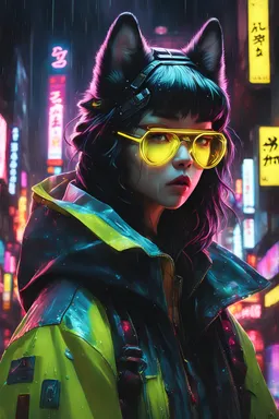 husky ,yellow neon glasses,masterpiece, best quality, portrait, night city, anime, 3D, Korea, pixar, realistic, robo samurai, harajuku fashion style, mask with neon lights,punk style rain coat, beautiful, colorful, neon lights, cyberpunk, illustration, by Stanley artgerm lau, sideways glance, foreshortening, extremely detailed 8K, smooth, high resolution, ultra quality, highly details, glare, side view,