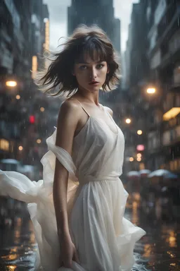 Masterpiece, 18 - year - old beautiful girl and monster, pearl - like eyes, extremely delicate facial depiction, heavy rain, crazy body movements, medium shot, exaggerated perspective, poster, androgyny, fashion, dramatic lighting, strong tones, distortion style, 32k UHD