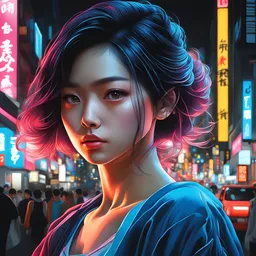 half body, portrait, night city, realistic, harajuku fashion style,colourful, illustration, by stanley artgerm lau, sideways glance, foreshortening, extremely detailed 8K, smooth, high resolution, ultra quality, highly details，sweet Japanese lady