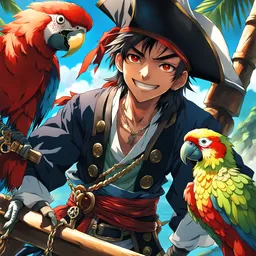 Anime, Japanese, Pirate, Boy, bloodlust, bloody, evil smile, high detail, High quality, a parrot, treasure