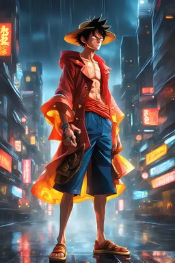 Monkey D Luffy the Sun God Nica, iconic character in anime onepiece, masterpiece, best quality, half body, portrait, night city, anime, 3D, Korea, pixar, realistic, robo cop, harajuku fashion style, rain coat, beautiful, colourful, neon lights, cyberpunk, illustration, by stanley artgerm lau, sideways glance, foreshortening, extremely detailed 8K, smooth, high resolution, ultra quality, highly details, glare, side view,