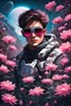 Placeholder: portrait of a futuristic explorer surrounded by pink flowers on an alien planet, ping sunglasses, night and fire