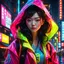 Placeholder: neon Chinese teen, masterpiece, best quality, half body, portrait, night city, 1girl, anime, 3D, Korea, pixar, realistic, teen girl, smiling, cute face, harajuku fashion style, rain coat, beautiful, colourful, neon lights, cyberpunk, smooth skin, illustration, by stanley artgerm lau, sideways glance, foreshortening, extremely detailed 8K, smooth, high resolution, ultra quality, highly detail eyes, highly detail mouth, highly detailed face, perfect eyes, both eyes are the same, glare, Iridescent