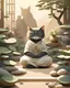 Placeholder: Digital illustration of a meditating cat in a Zen garden, the feline seated in the lotus position, surrounded by raked sand patterns, pebbles, and bonsai trees, an aura of calm encapsulating the scene, soft, natural color palette, diffused sunlight creating tranquil shadows, conveying a sense of peace and mindfulness,